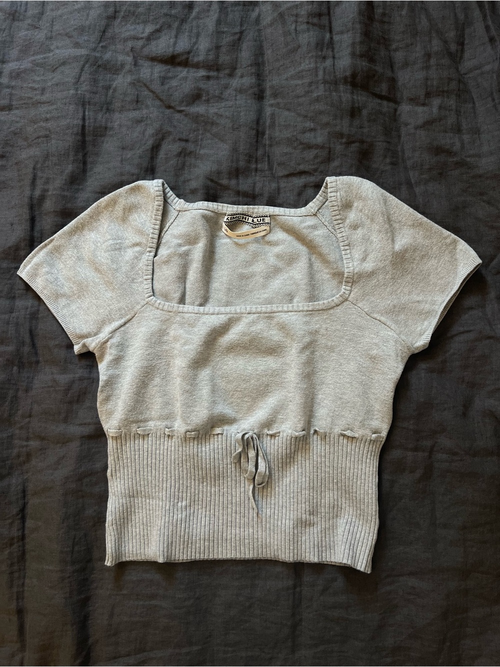 Kimchi Blue Light Gray Square Neck Knit Top with Waist Tie